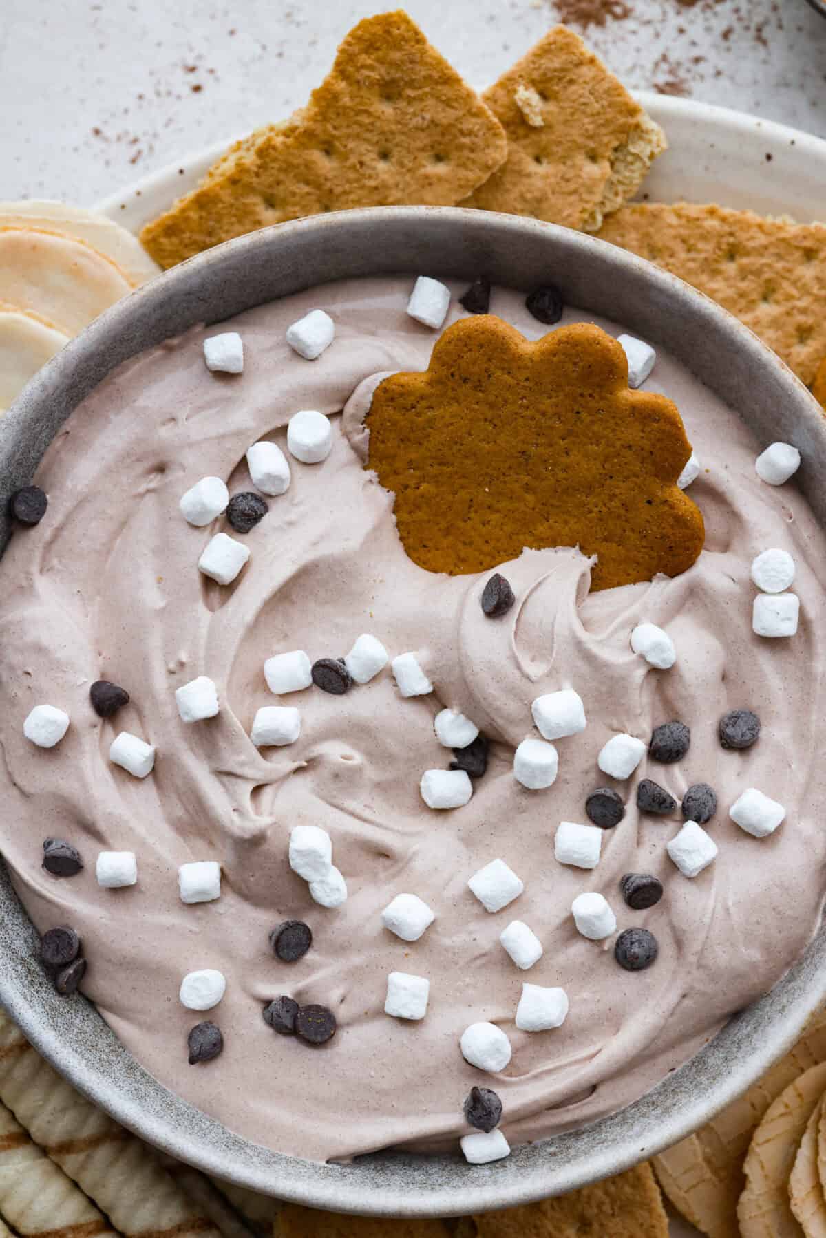 This hot cocoa dip recipe has only 3 ingredients and comes together in 5 minutes. It's chocolatey, fluffy, sweet, and creamy. It's perfect to take to holiday parties or cozy winter gatherings. Close up shot of hot cocoa dip in a serving bowl.