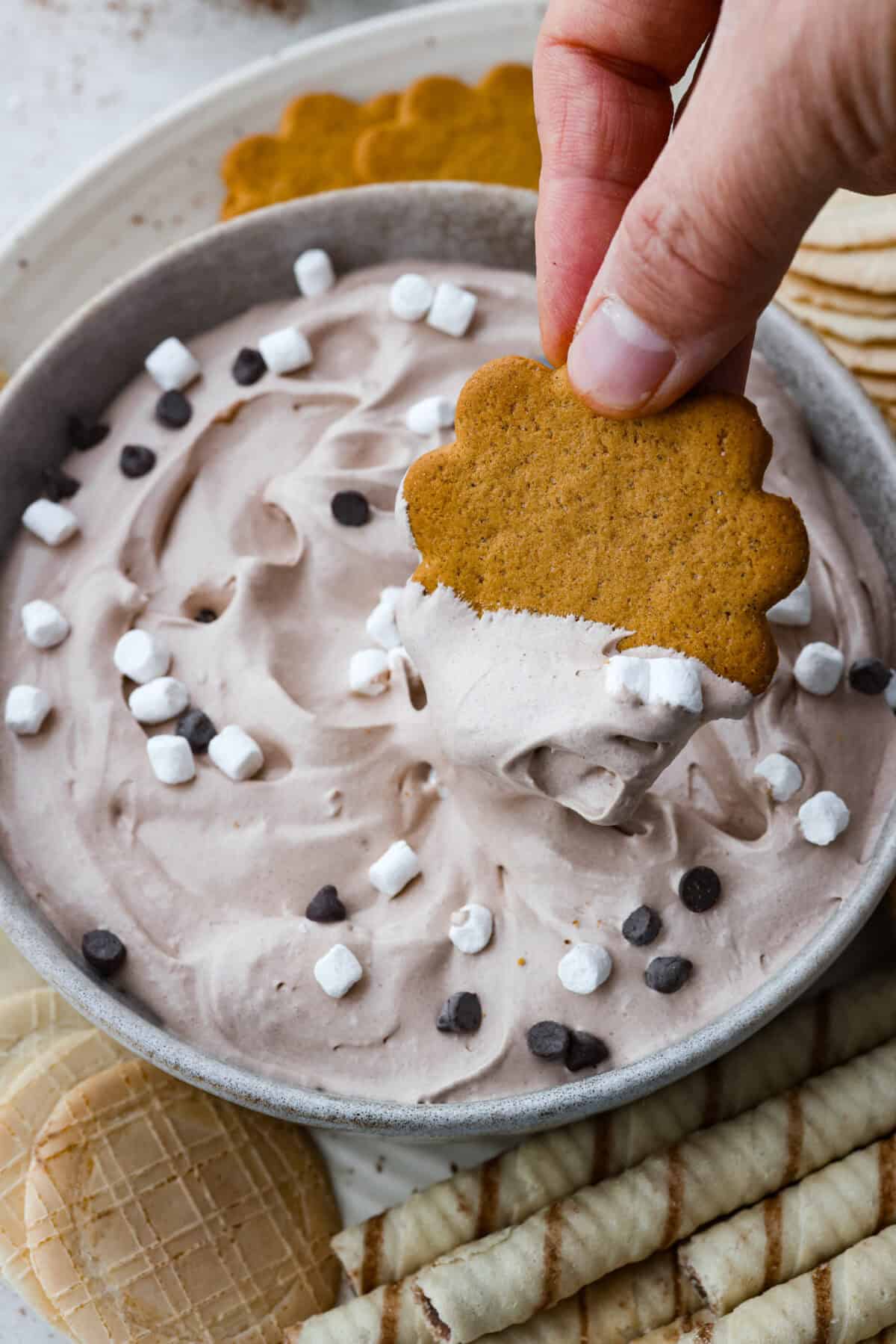 This hot cocoa dip recipe has only 3 ingredients and comes together in 5 minutes. It's chocolatey, fluffy, sweet, and creamy. It's perfect to take to holiday parties or cozy winter gatherings. Close up shot of someone dipping a cookie into the hot cocoa dip.